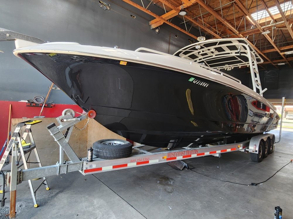 Boat on its trailer for detailing