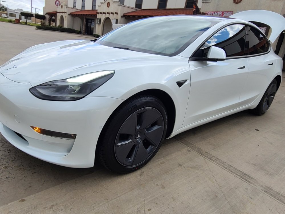 White Tesla Model 3 at the shop